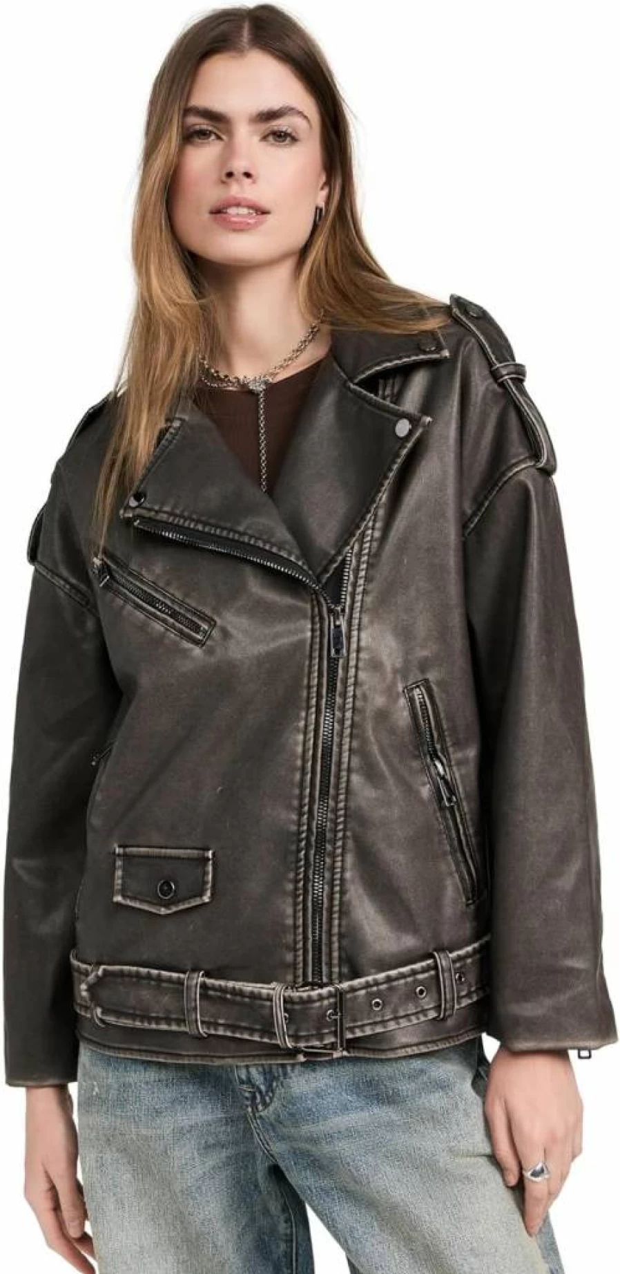 Lioness Women's Deja Vu Denim Jacket - Vintage Style Distressed Oversized Jean Coat