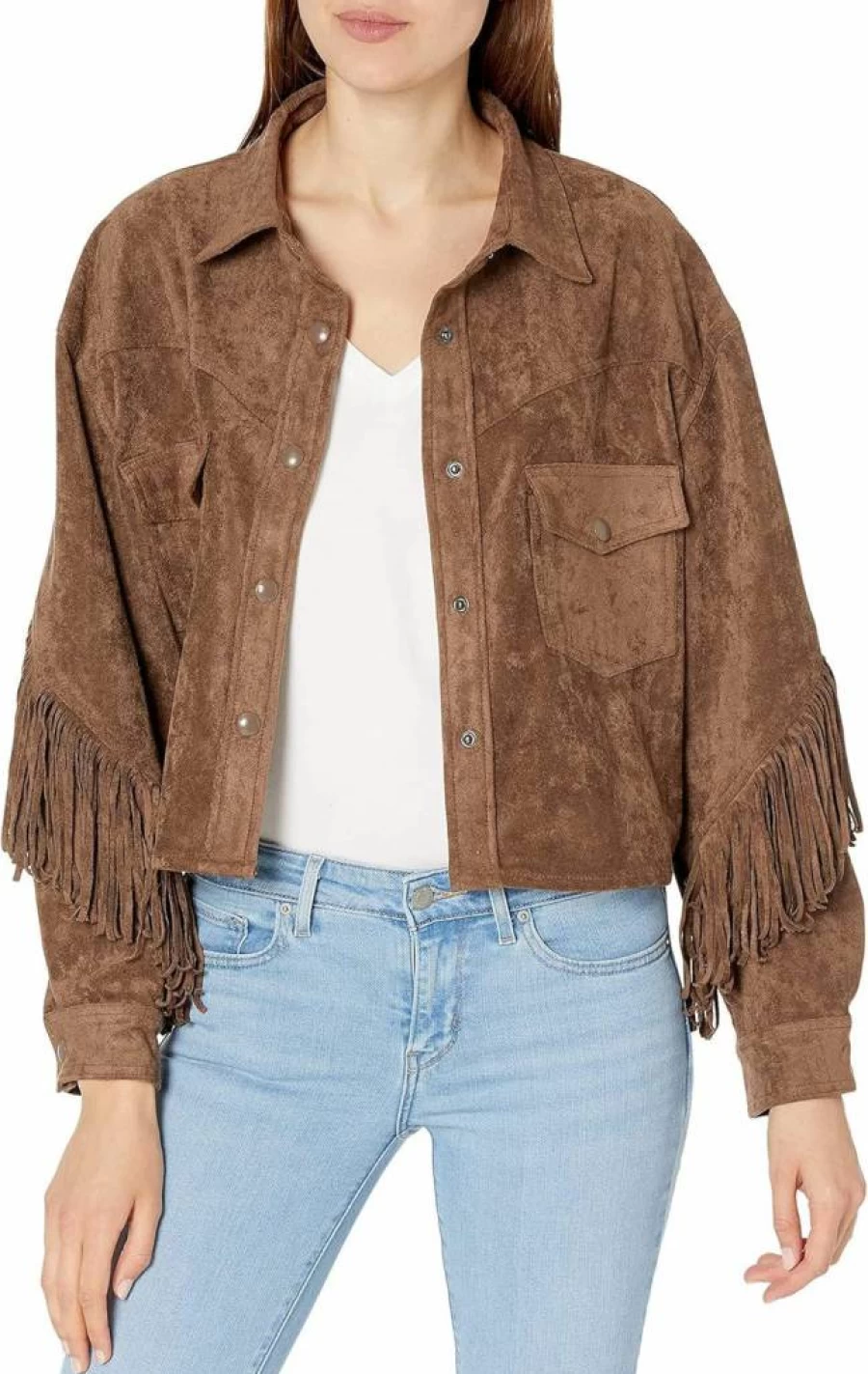 BLANKNYC Women's Faux Suede Fringe Shirt Jacket - Stylish & Comfortable Suede-Like Coat for Women