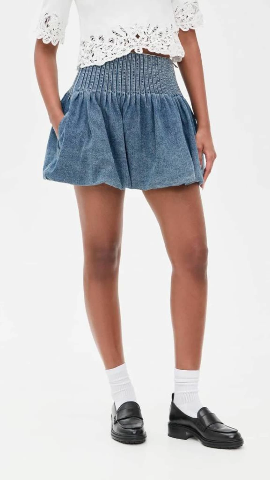 Sea Women's Olive Denim Bubble Hem Mini Skirt - High Waist A-Line Vintage Style