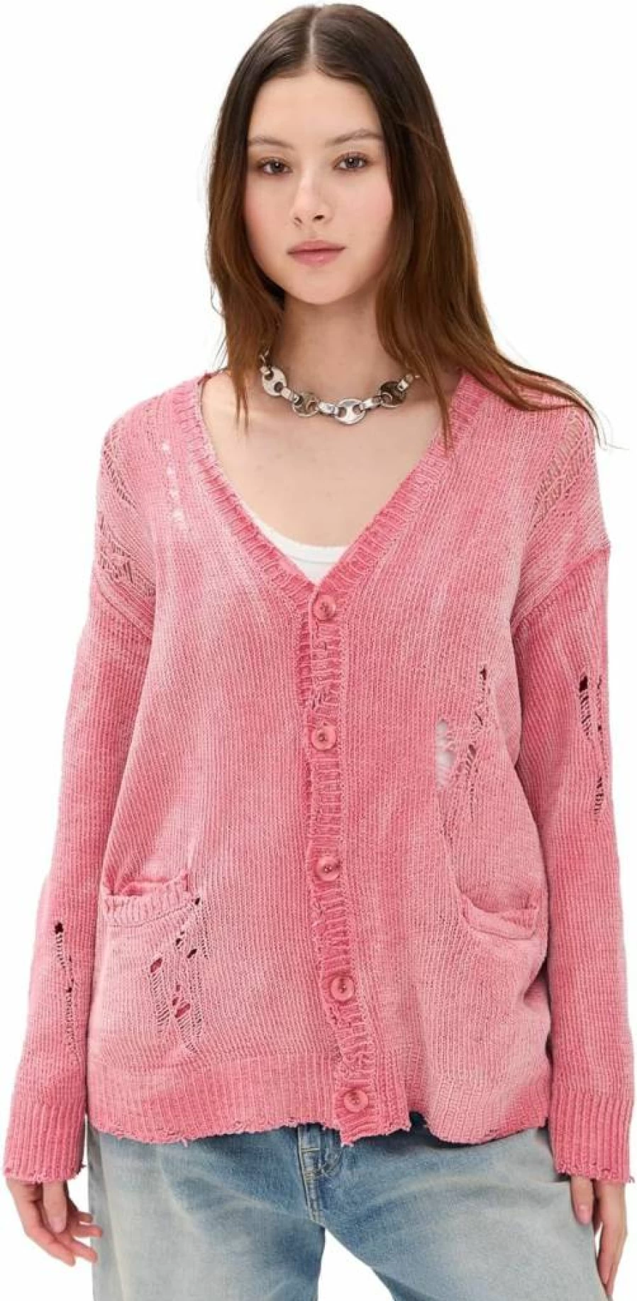 R13 Women's Distressed Boyfriend Cardigan - Oversized Knit Sweater Vintage Style