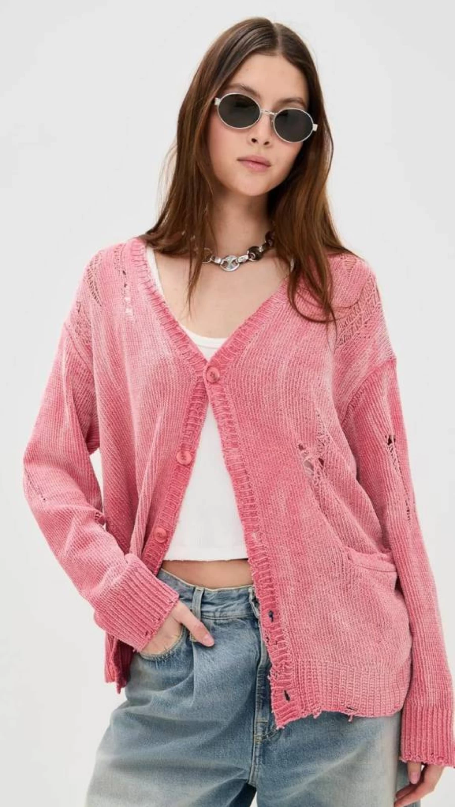 R13 Women's Distressed Boyfriend Cardigan - Oversized Knit Sweater Vintage Style