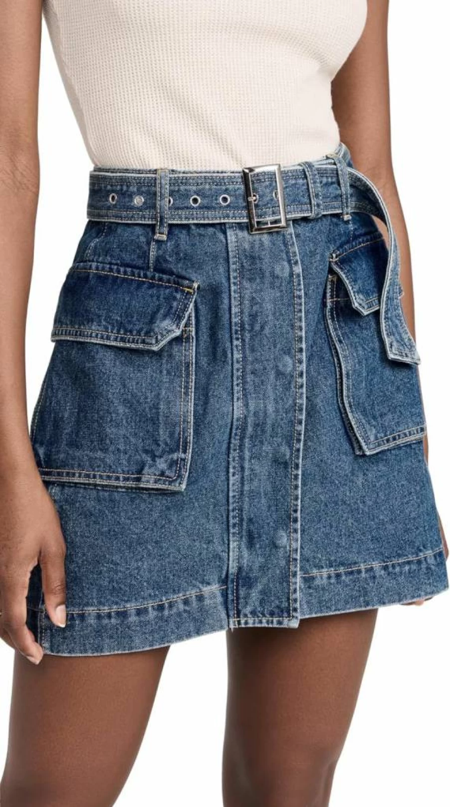 Pixie Market Women's AR Denim Cargo Skirt with Belt - Mini Denim Skirt for Women