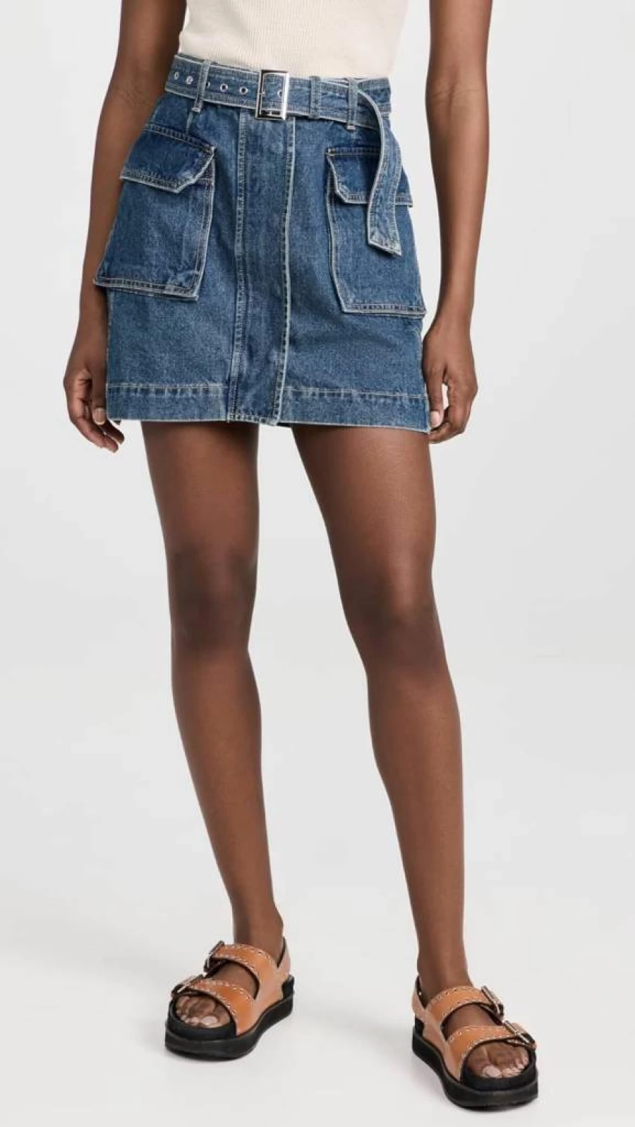 Pixie Market Women's AR Denim Cargo Skirt with Belt - Mini Denim Skirt for Women