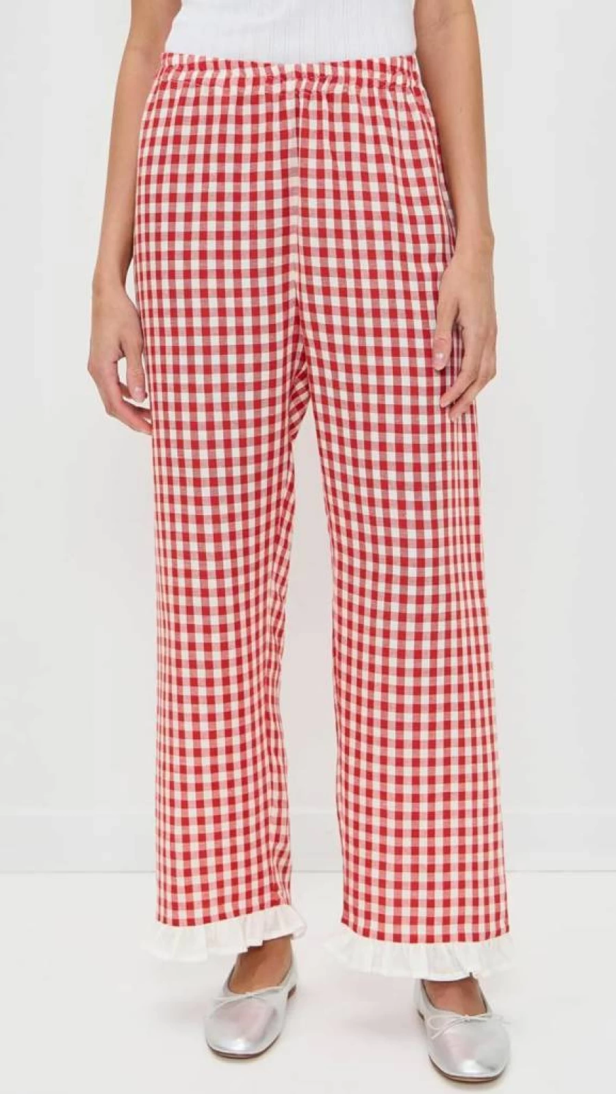 Sleeper Women's Red Vichy Linen Lounge Pants - Comfortable Puff Design