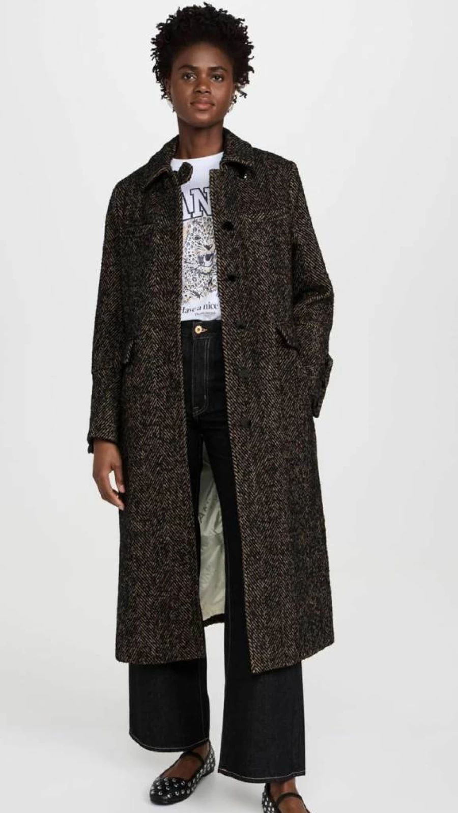 Ganni Women's Herringbone Wool Coat - Classic Winter Outerwear