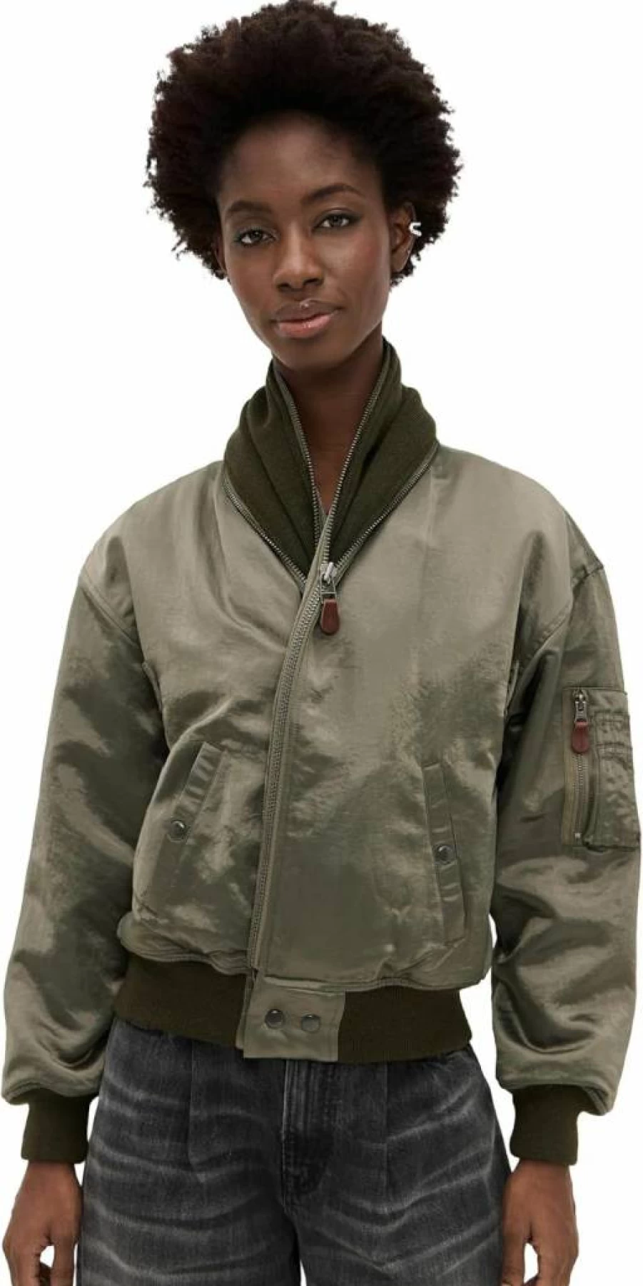 R13 Women's Distressed Zip-Up Flight Jacket with Collar - Stylish Aviator Coat