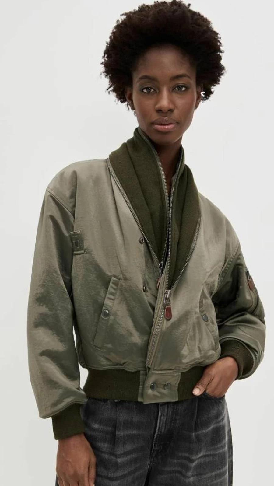 R13 Women's Distressed Zip-Up Flight Jacket with Collar - Stylish Aviator Coat