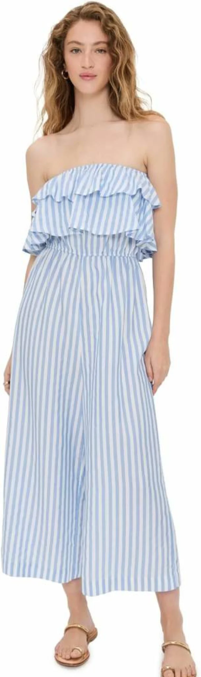 Pixie Market Women's Striped Ruffle Detail Jumpsuit - Stylish One-Piece Romper for Fashion Trends