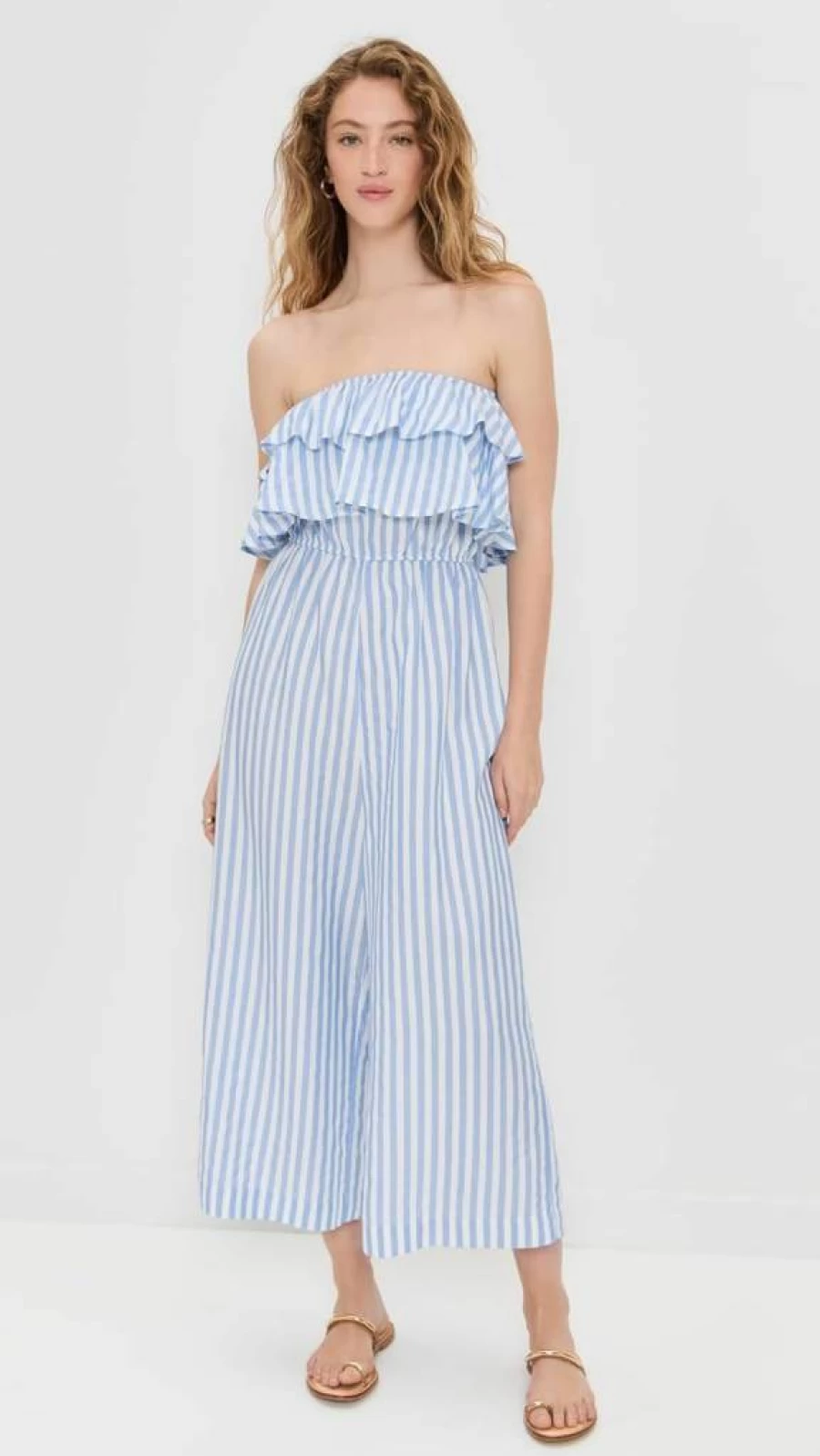Pixie Market Women's Striped Ruffle Detail Jumpsuit - Stylish One-Piece Romper for Fashion Trends