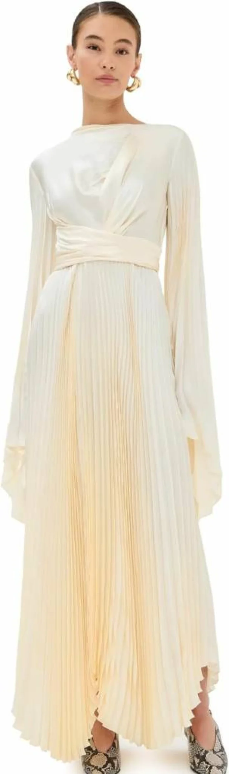 A.W.A.K.E. Mode Women's Pleated Wrap Dress with Sleeves - Elegant Flowy Skirt