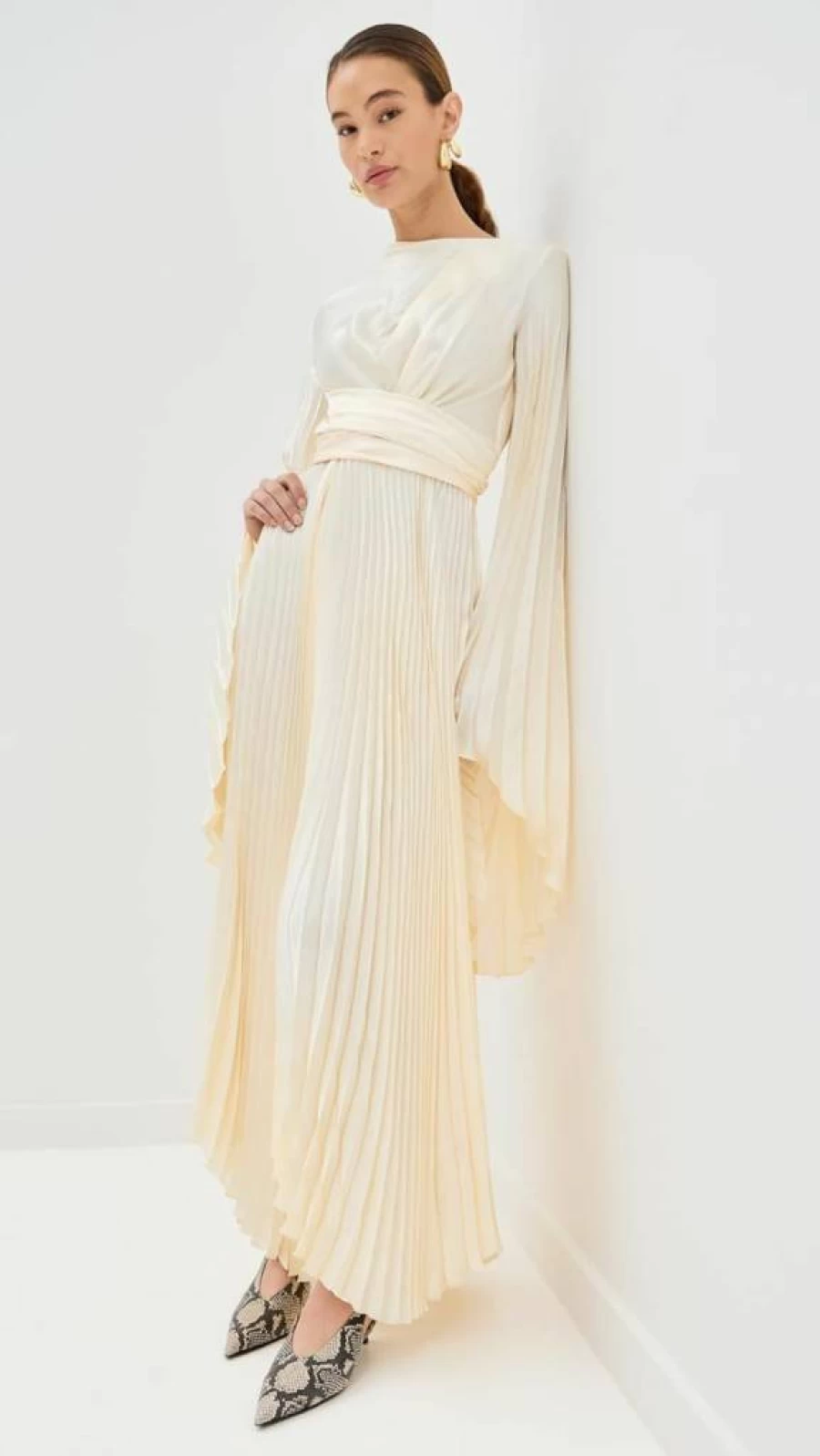 A.W.A.K.E. Mode Women's Pleated Wrap Dress with Sleeves - Elegant Flowy Skirt