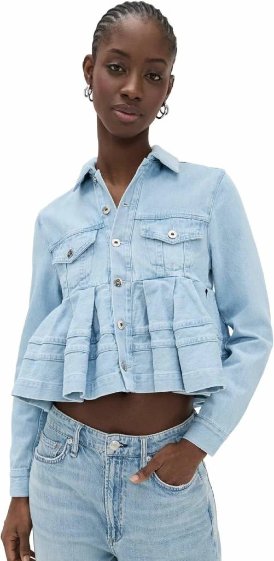 Marques'Almeida Women's Light Blue Denim Cropped Jacket with Flounce Hem