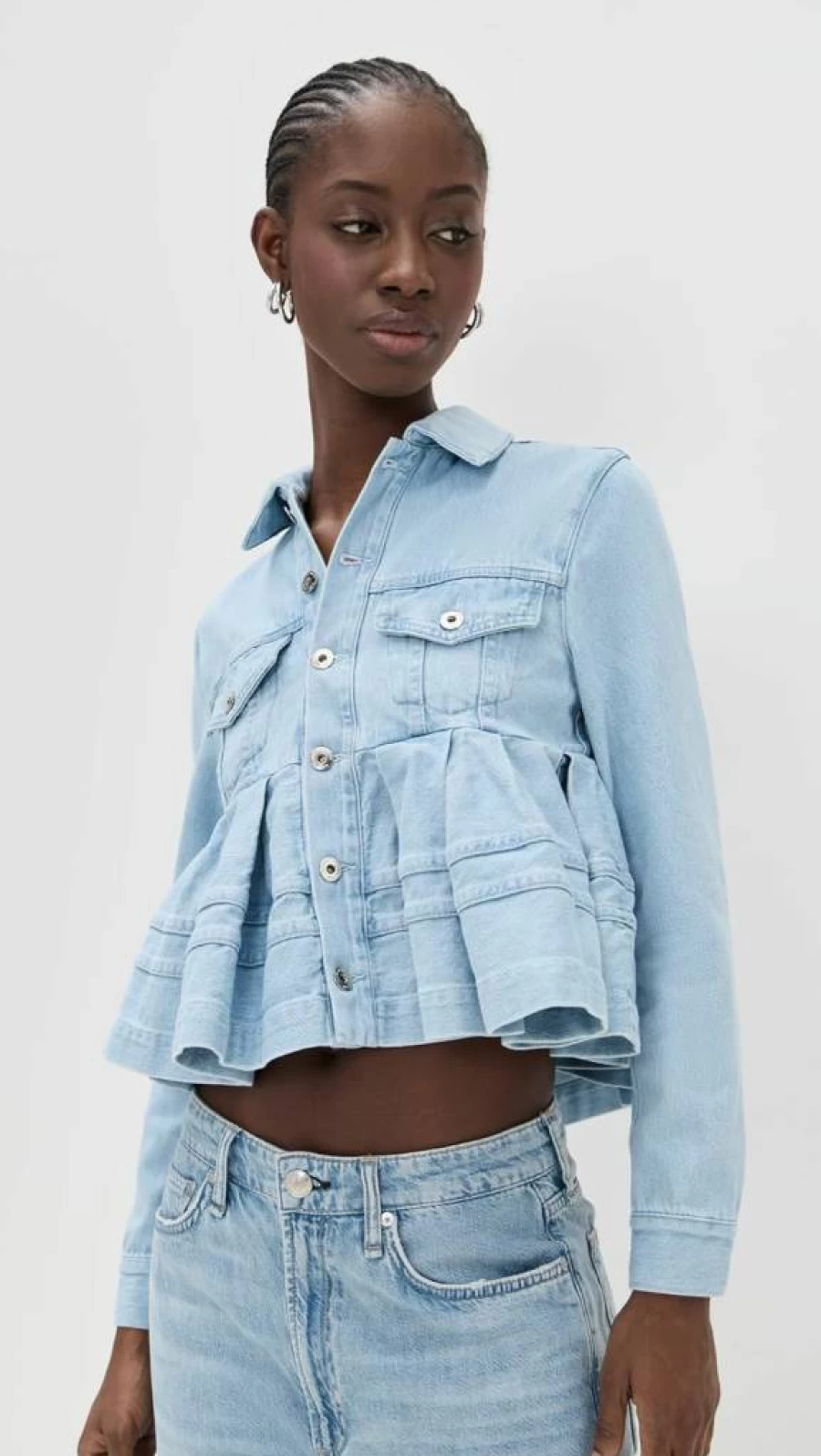 Marques'Almeida Women's Light Blue Denim Cropped Jacket with Flounce Hem