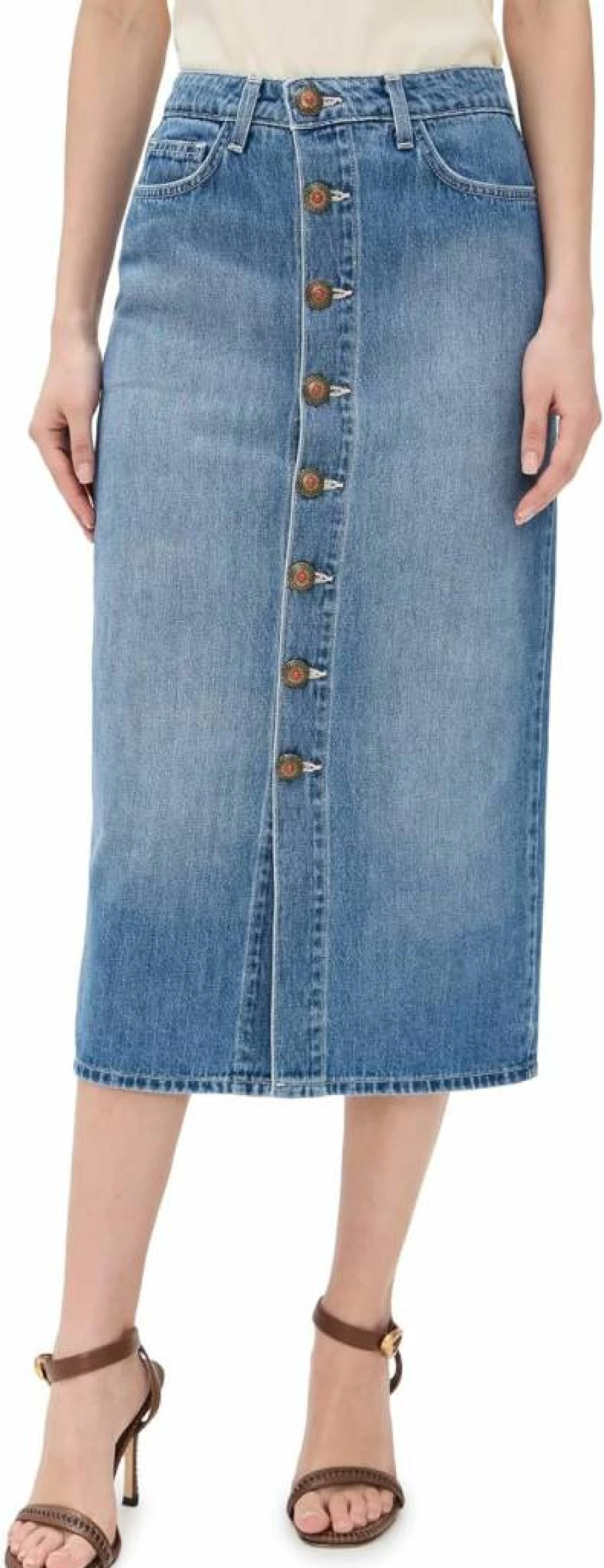 L'AGENCE Women's Kathleen Button Front Midi Skirt | Classic Denim A-Line Skirt with Front Buttons