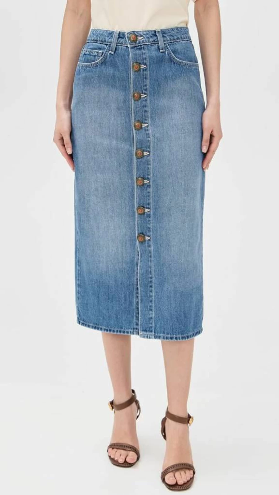L'AGENCE Women's Kathleen Button Front Midi Skirt | Classic Denim A-Line Skirt with Front Buttons