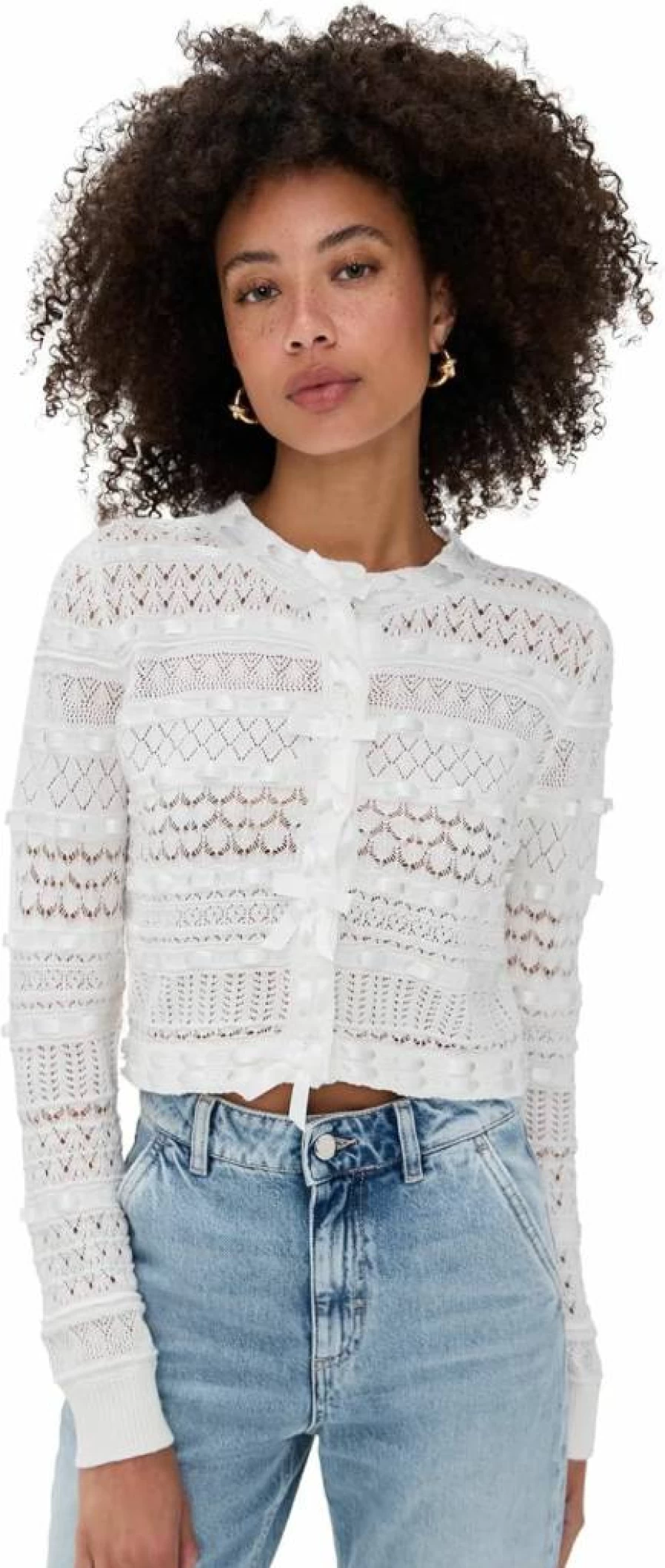 LOVESHACKFANCY Women's Roselline Knit Cardigan Sweater Feminine Lace Trim