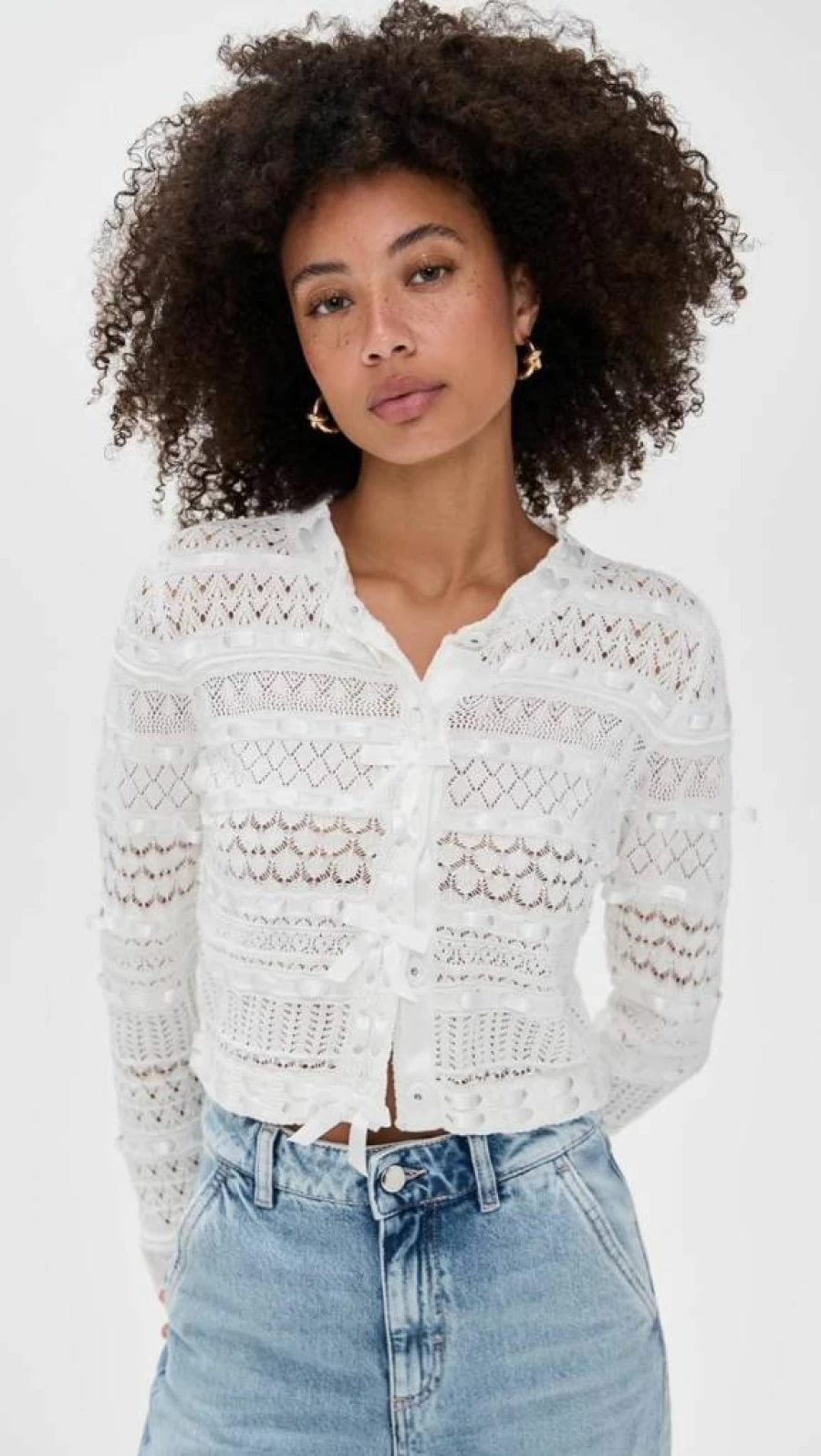 LOVESHACKFANCY Women's Roselline Knit Cardigan Sweater Feminine Lace Trim