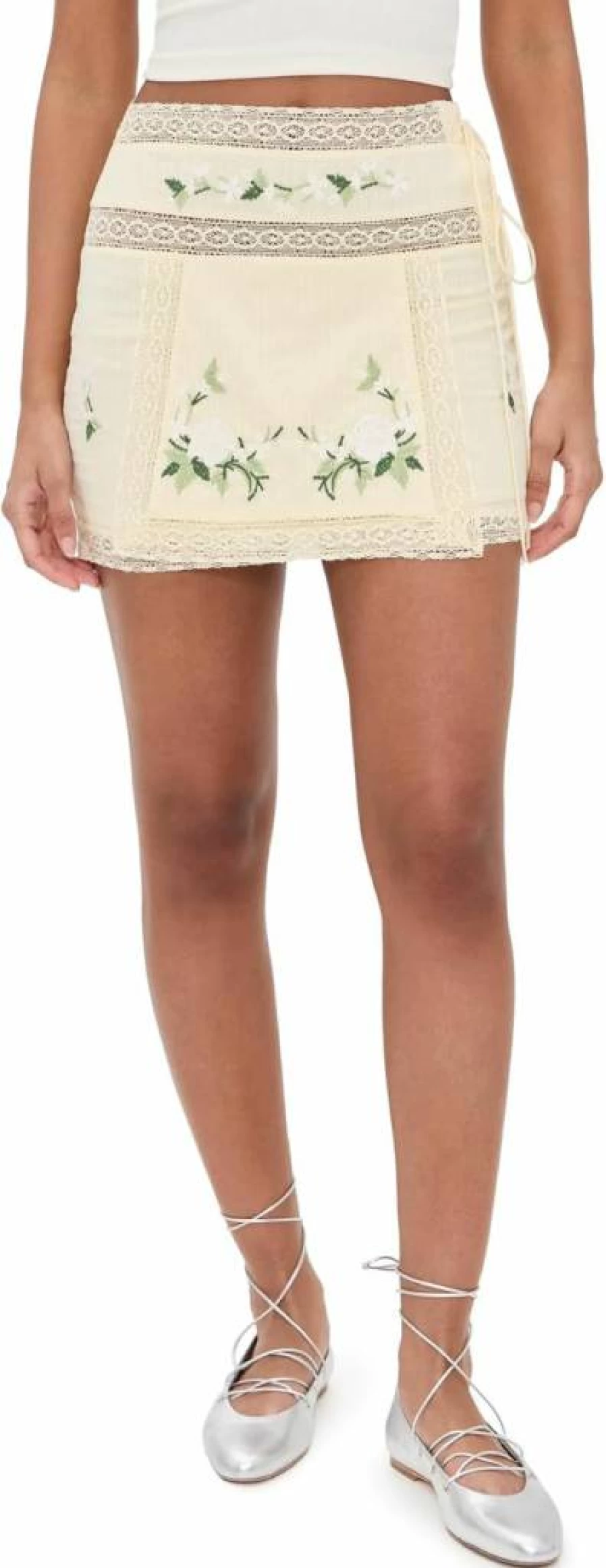 For Love & Lemons Jolene Embroidered Denim Mini Skirt for Women - Floral Stitch Detail High Waist Short Summer Skirt