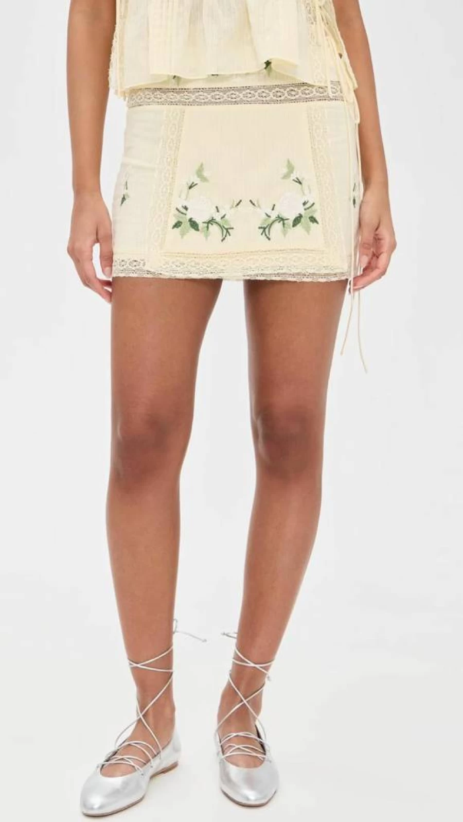 For Love & Lemons Jolene Embroidered Denim Mini Skirt for Women - Floral Stitch Detail High Waist Short Summer Skirt