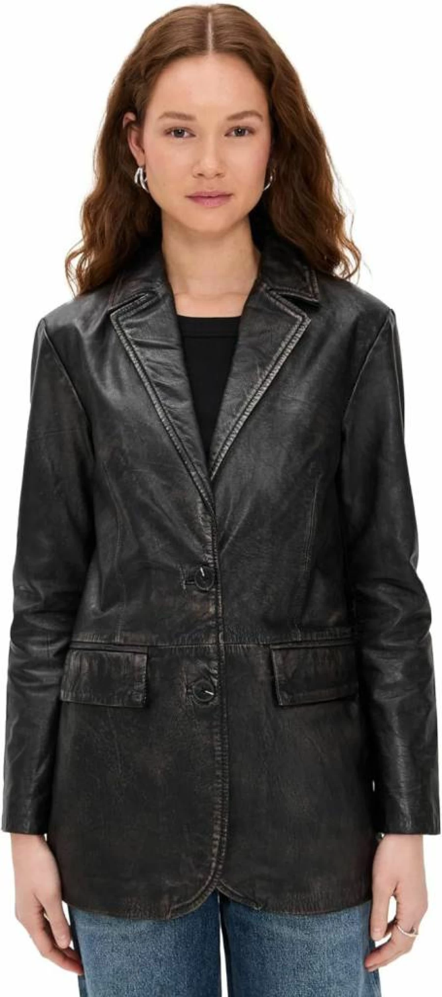 Avec Les Filles Women's Genuine Leather Oversized Blazer Jacket - Classic Tailored Coat for Women