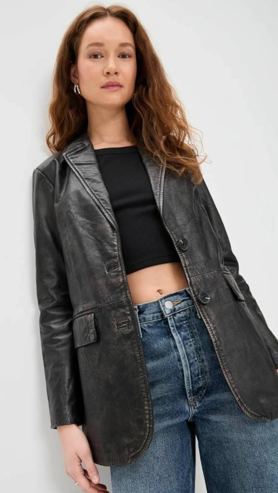Avec Les Filles Women's Genuine Leather Oversized Blazer Jacket - Classic Tailored Coat for Women