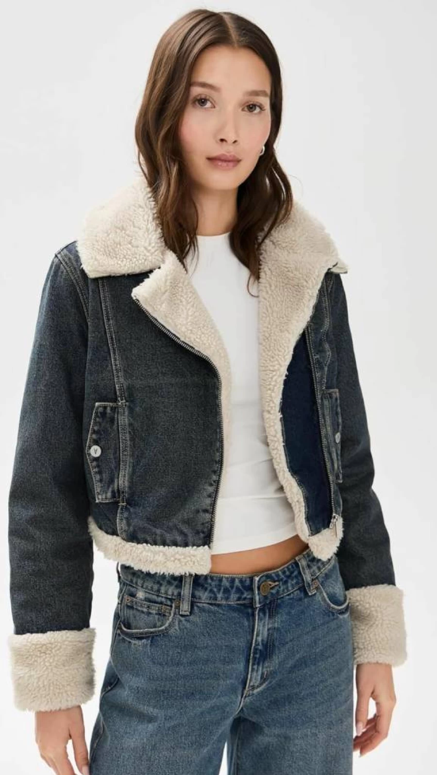 ABRAND Women's Sherpa-Lined Denim Jacket for Nightlife & Casual Wear
