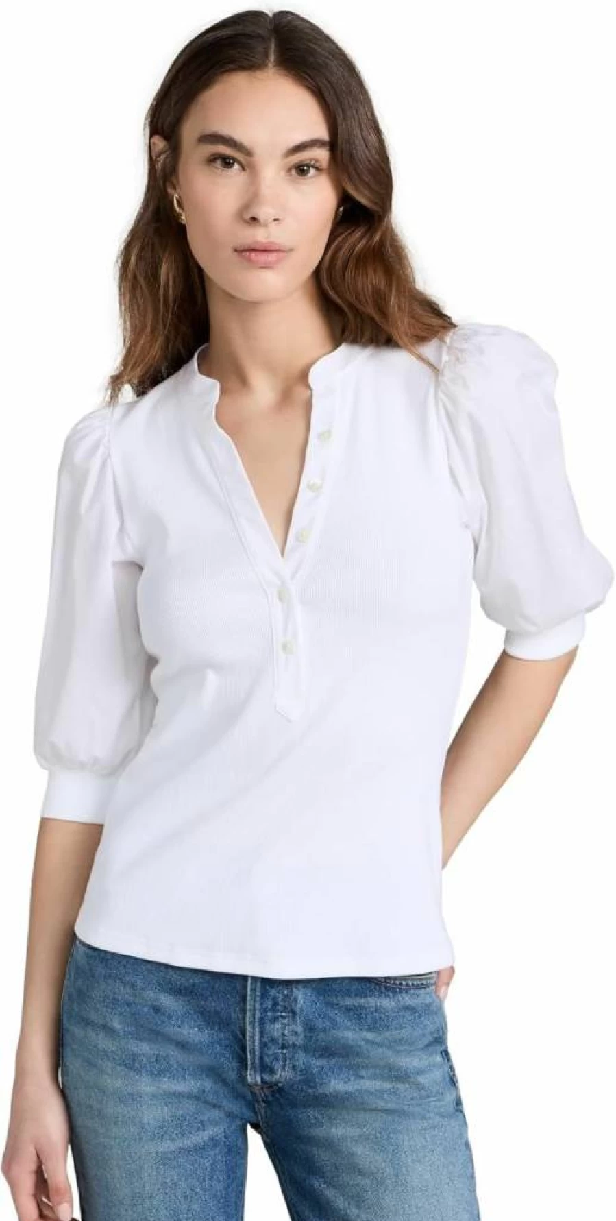 Veronica Beard Women's White Ribbed Knit Puff-Sleeve T-Shirt Short Sleeve Top