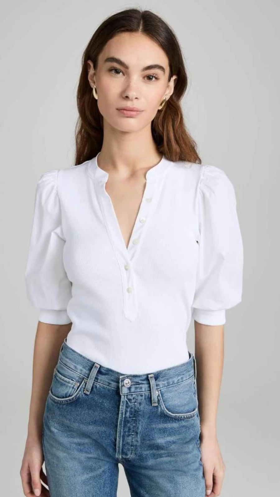 Veronica Beard Women's White Ribbed Knit Puff-Sleeve T-Shirt Short Sleeve Top