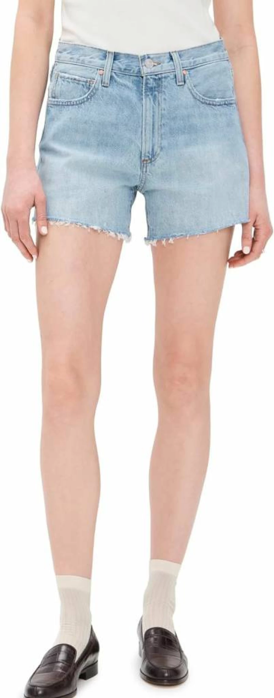 PAIGE Women's Archie High-Rise Denim Shorts - Classic Fit Distressed Washed Blue Jeans Shorts