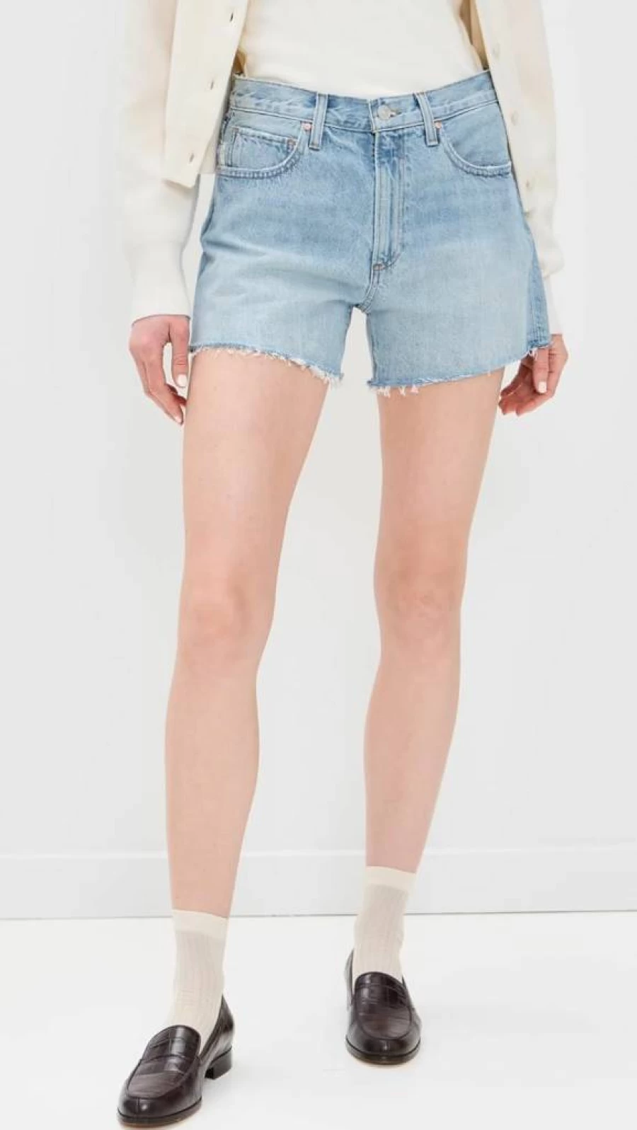 PAIGE Women's Archie High-Rise Denim Shorts - Classic Fit Distressed Washed Blue Jeans Shorts