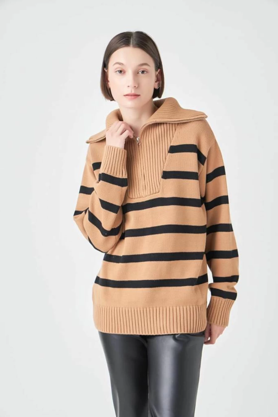 English Factory Women's Striped Knit Zip-Up Sweater Pullover