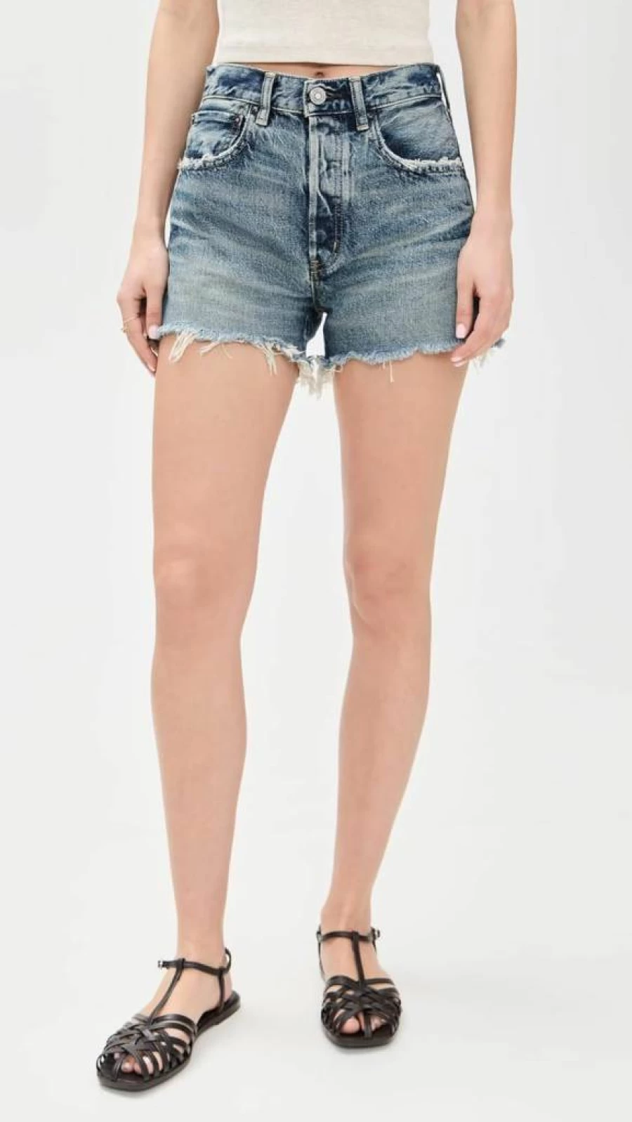 MOUSSY VINTAGE Women's High-Waisted Denim Shorts - MV Douglaston Retro Style Distressed Jeans Shorts for Women