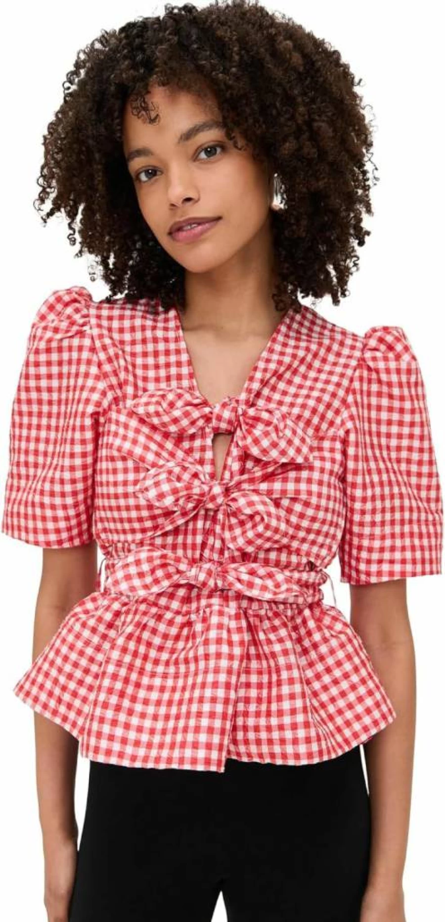 Ganni Women's Crinkled Taffeta Check Print Tie-Strap Blouse
