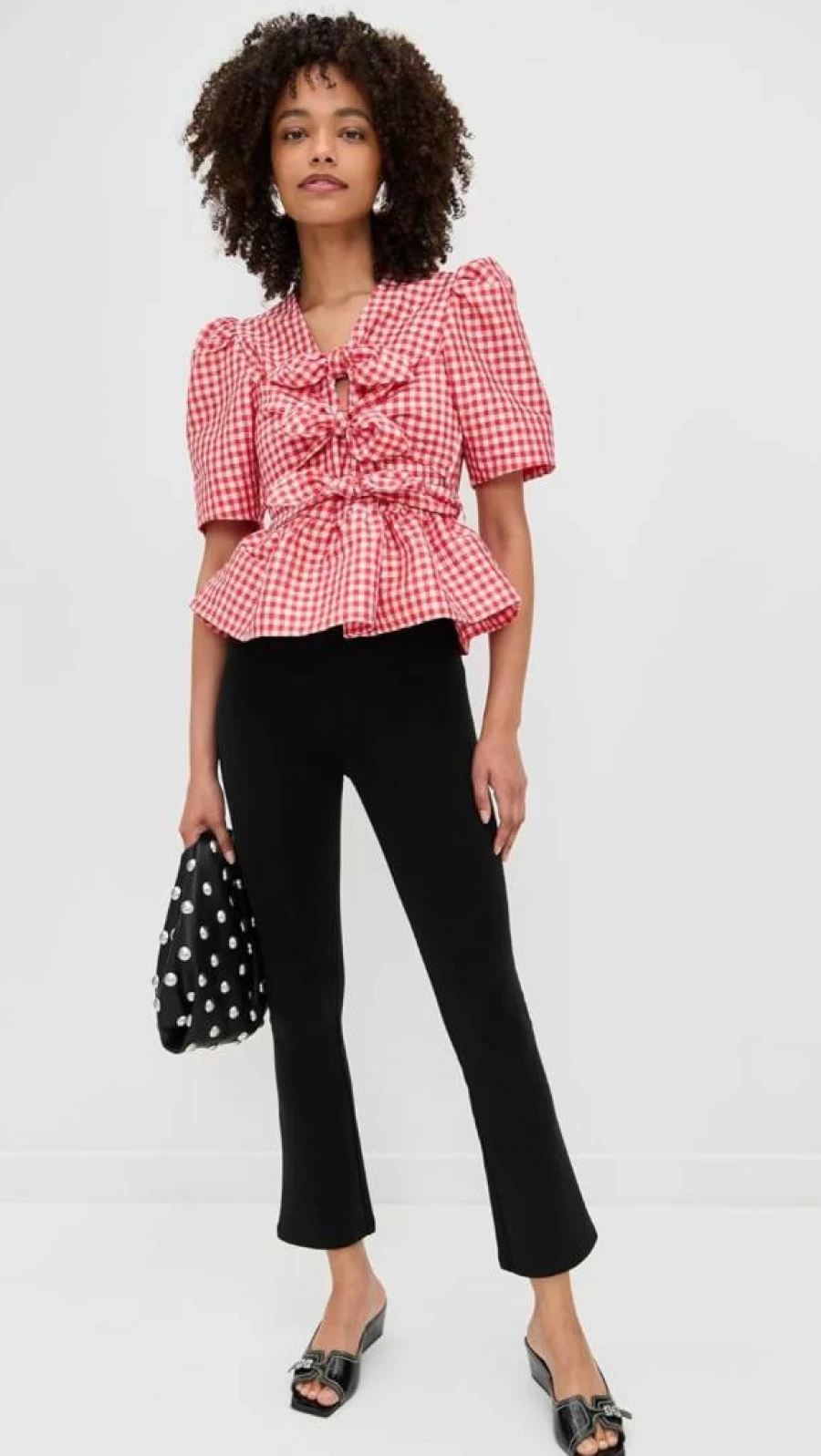 Ganni Women's Crinkled Taffeta Check Print Tie-Strap Blouse