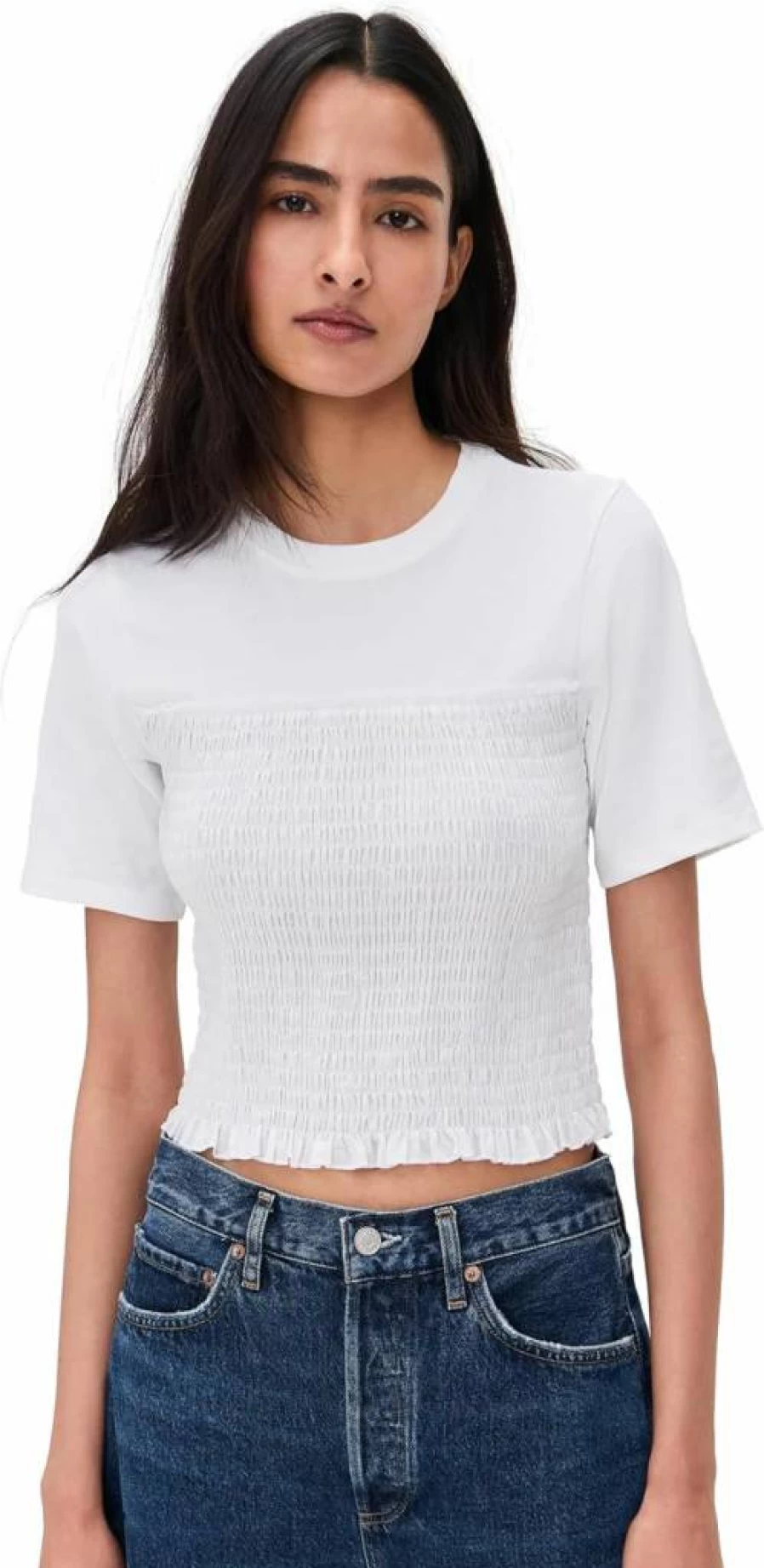 Anthony Thomas Melillo Women's Smocked Mixed Media Top - ATM Designer Blouse