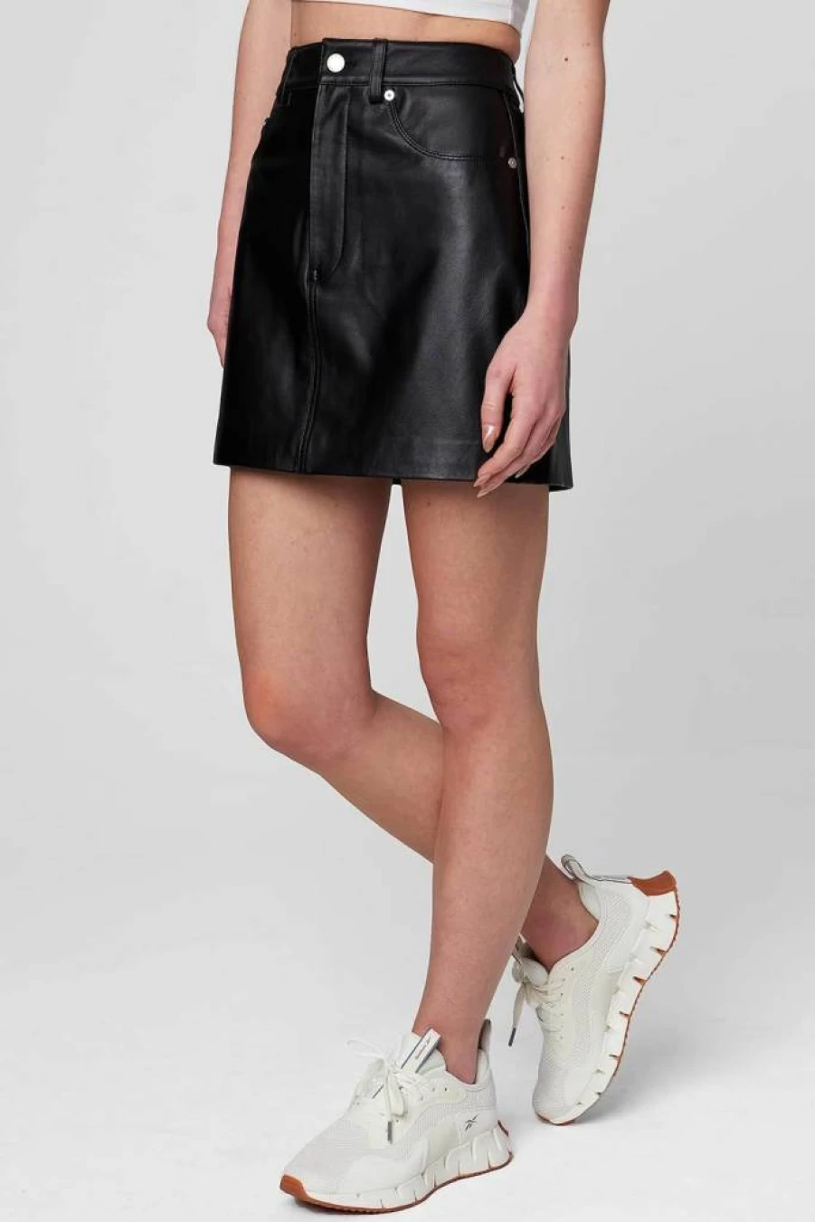 BLANKNYC Women's Genuine Leather Mini Skirt - Black High-Waisted Stretch Fit with Five Pockets, Fashionable & Comfortable