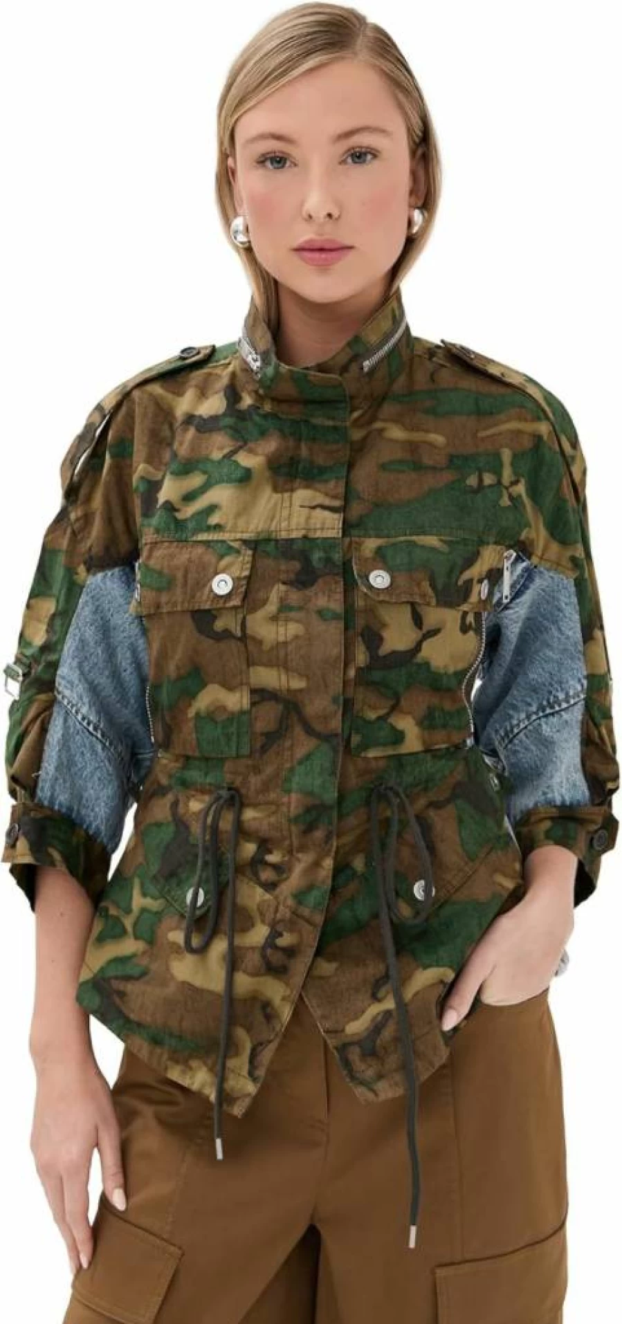 3.1 Phillip Lim Women's Camouflage Patchwork Utility Jacket with Cinched Waist and Ripstop Fabric