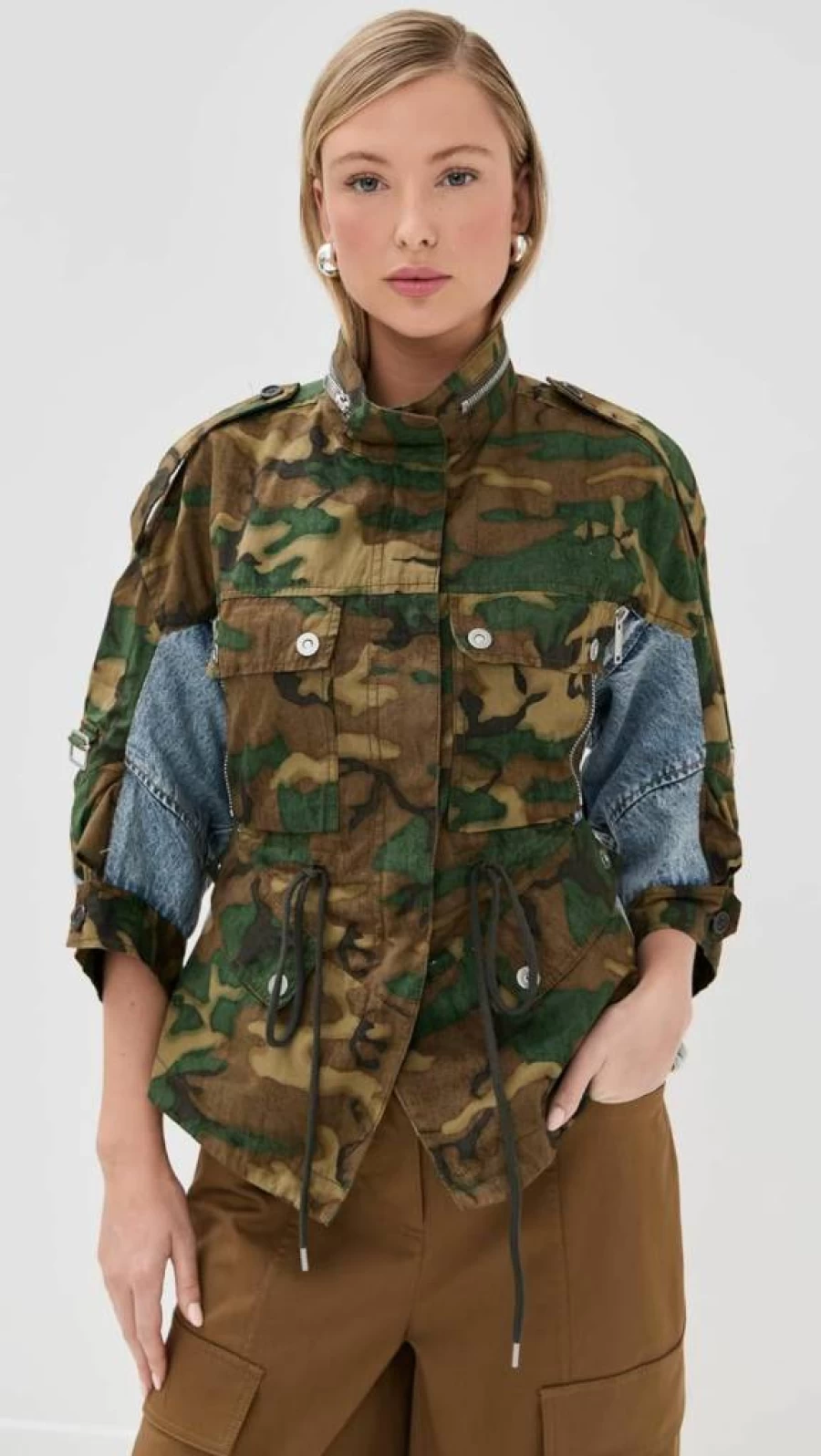 3.1 Phillip Lim Women's Camouflage Patchwork Utility Jacket with Cinched Waist and Ripstop Fabric