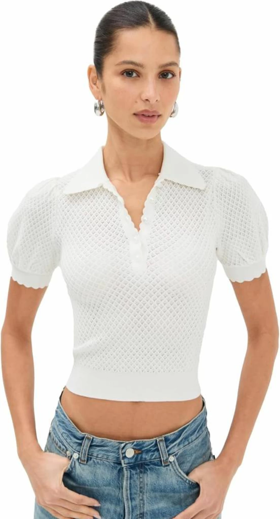 alice + olivia Women's Ramona Polo Knit Sweater - Pointelle Stitch Casual Top
