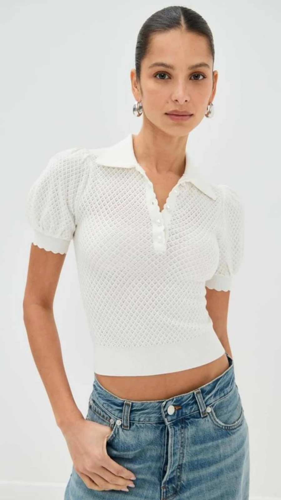 alice + olivia Women's Ramona Polo Knit Sweater - Pointelle Stitch Casual Top