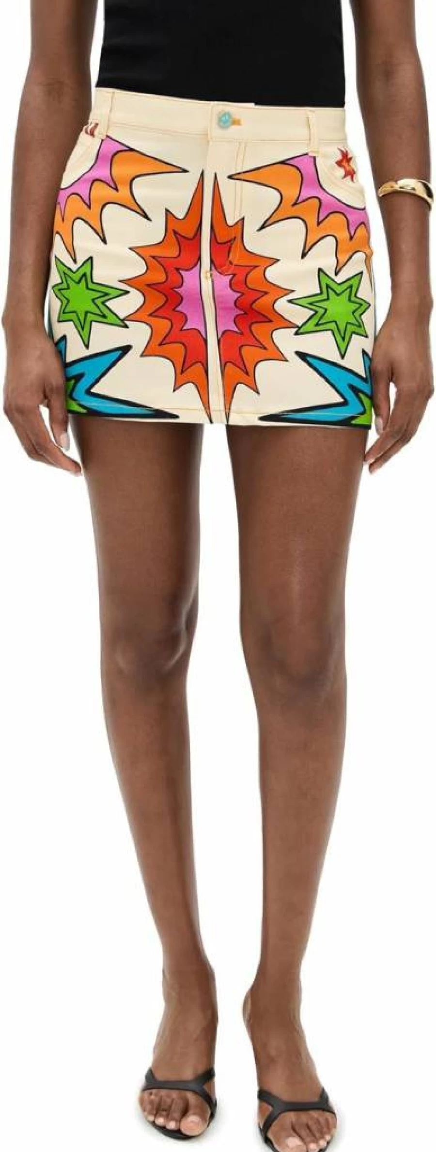 BruceGlen Women's Denim Mini Skirt with Playful Print - Stylish Stretch Fit High Waist A-Line Short Skirt for Casual Outings