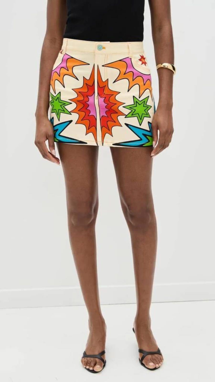 BruceGlen Women's Denim Mini Skirt with Playful Print - Stylish Stretch Fit High Waist A-Line Short Skirt for Casual Outings