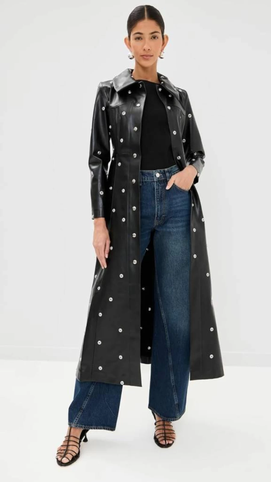 A.W.A.K.E. Mode Women's Studded Flared Fitted Coat - Edgy Designer Outerwear