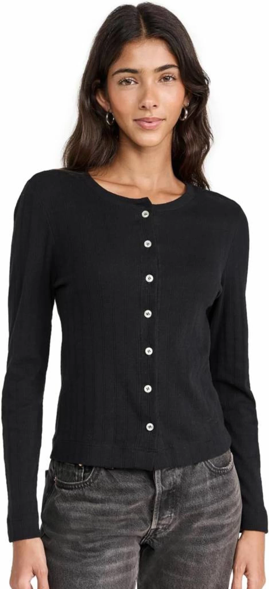 Leset Women's Pointelle Knit Cardigan Sweater Classic Crewneck Lightweight Open Front