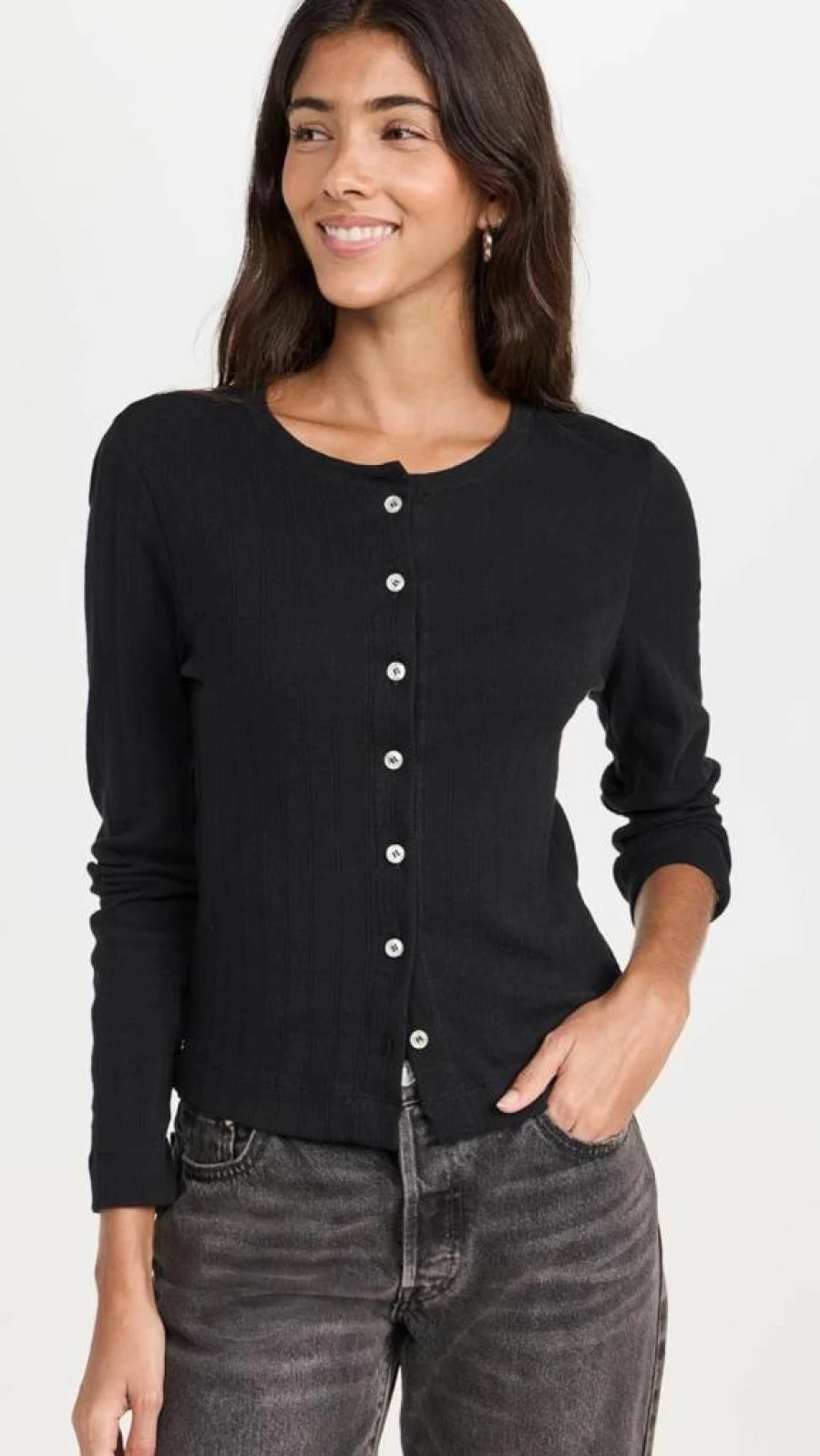 Leset Women's Pointelle Knit Cardigan Sweater Classic Crewneck Lightweight Open Front