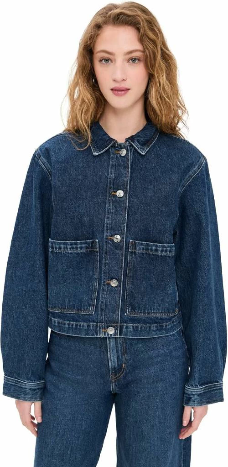 FRAME Women's The Patch Pocket Denim Jacket - Classic Fit Distressed Style