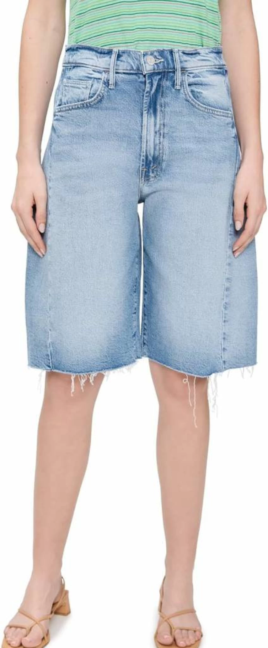 MOTHER Women's High-Waisted Bermuda Denim Shorts with Frayed Hem - Vintage Washed Blue Jeans Shorts for Women