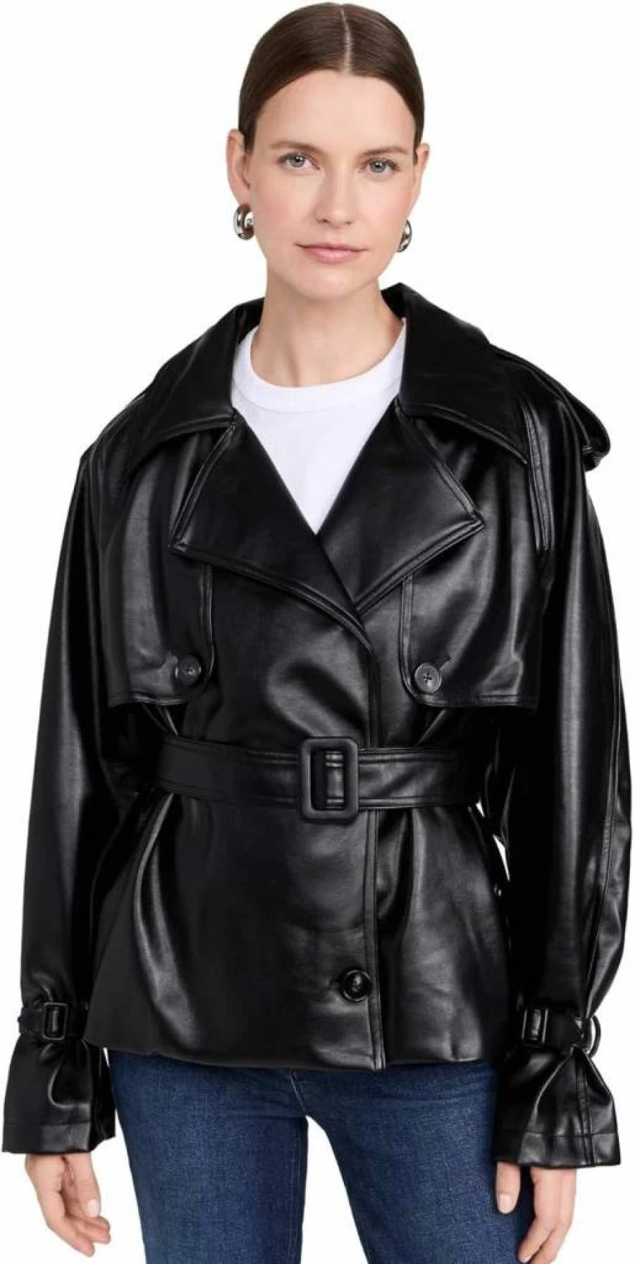 Pixie Market Women's Faux Leather Cropped Trench Coat - Stylish Short Jacket for Women
