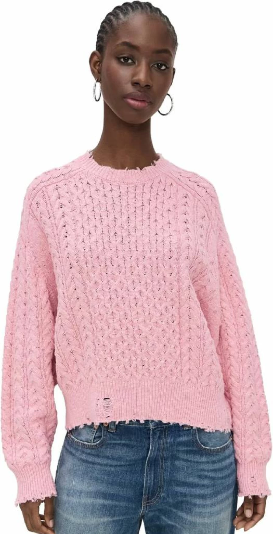 Denimist Women's Oversized Aran Knit Sweater - Cozy Cable Crewneck Jumper